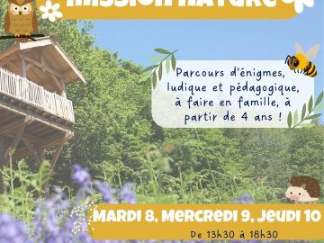 🐿️ MISSION NATURE  
 Du mardi 08 avril au jeudi 10 avril 2025
 au Domaine du Treuscoat !
--
Participez à notre jeu « mission nature » !
 Un jeu de piste...